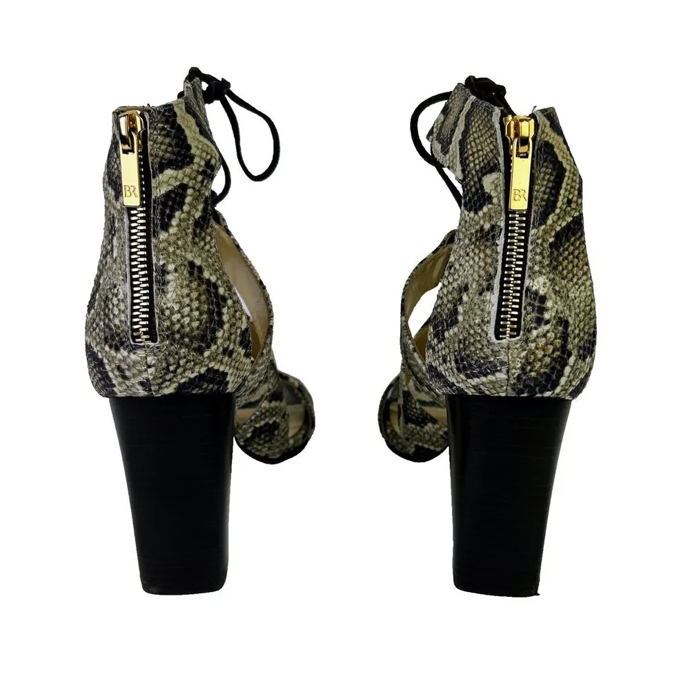 Banana Republic Almeria Sandals Open Toe Block Heels Snake Print Tan Leather 8.5